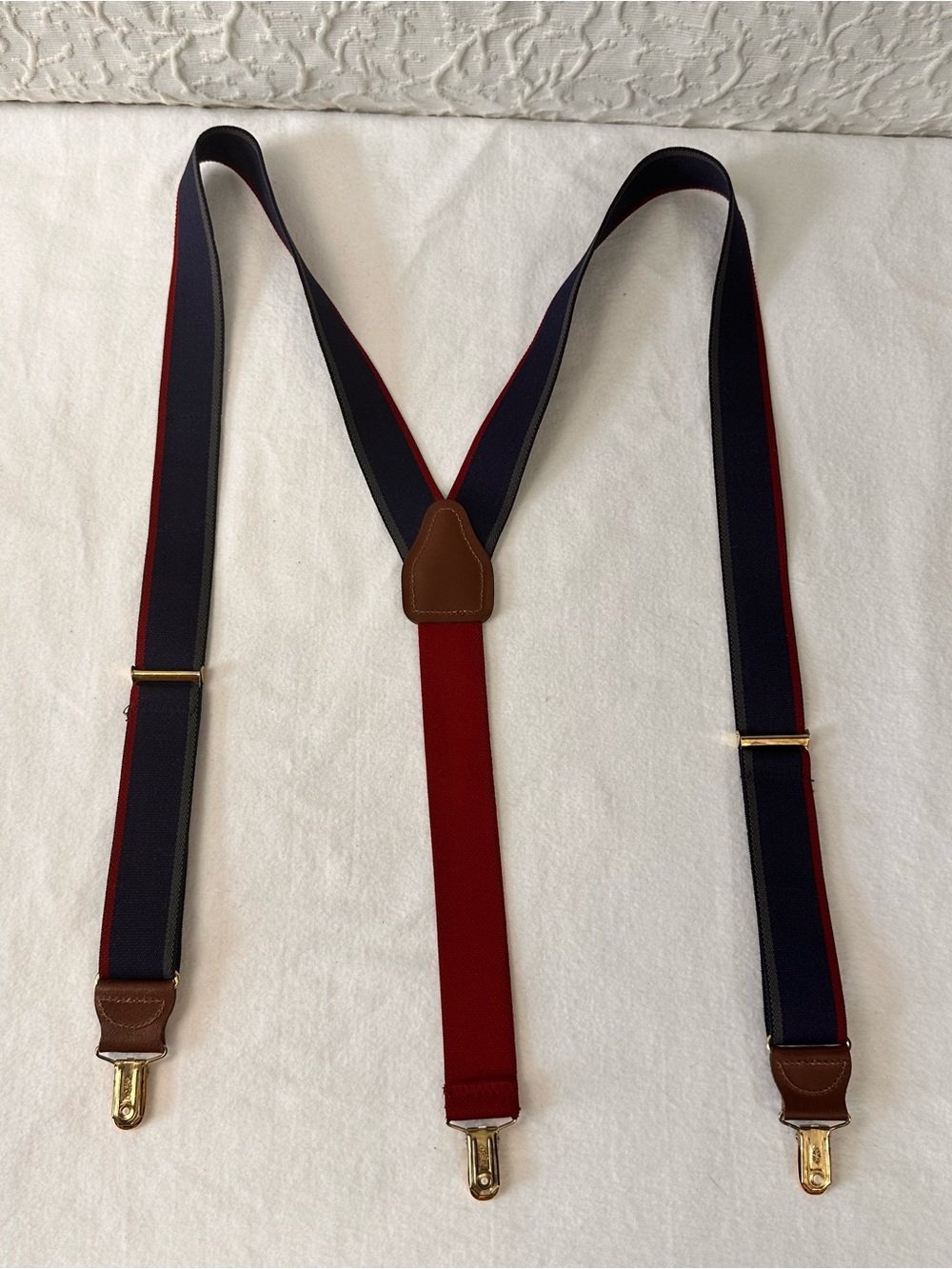 Men's Navy and Burgundy Elastic Suspenders with Brown Leather Trim